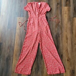 Blue Rain Red Floral Jumpsuit V Neck Tie At Waist Jumper Size S